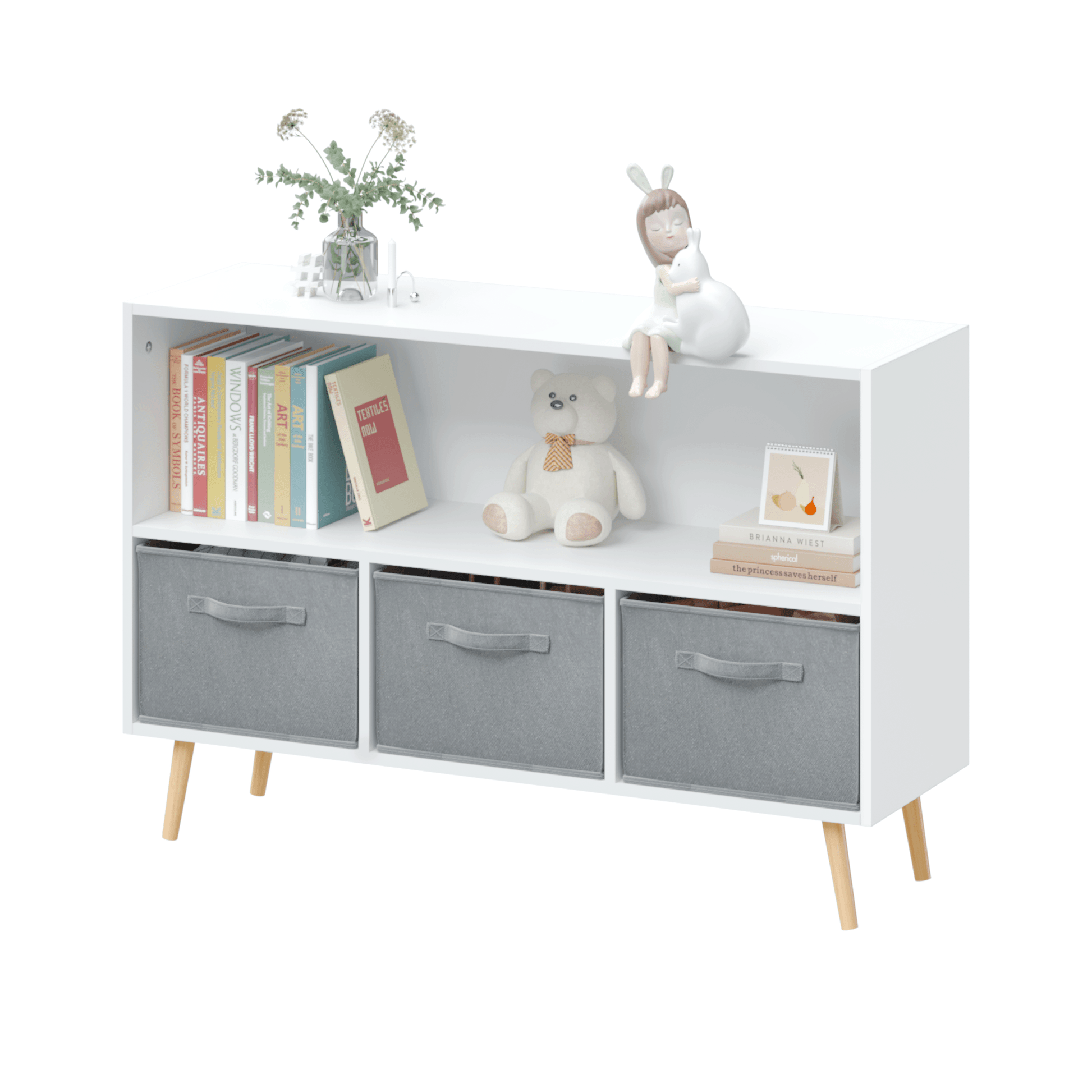 Kids bookcase with Collapsible Fabric Drawers Children's Book Display Toy Storage Cabinet Organizer White/Gray - FurniFindUSA