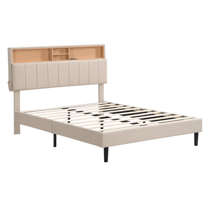 Full size Upholstered Platform Bed with Storage Headboard and USB Port Linen Fabric Upholstered Bed (Beige) - FurniFindUSA