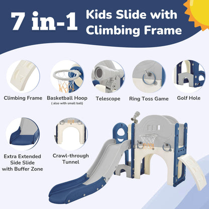 Kids Slide Playset Structure 7 in 1, Freestanding Spaceship Set with Slide, Arch Tunnel Blue+Grey + HDPE - FurniFindUSA