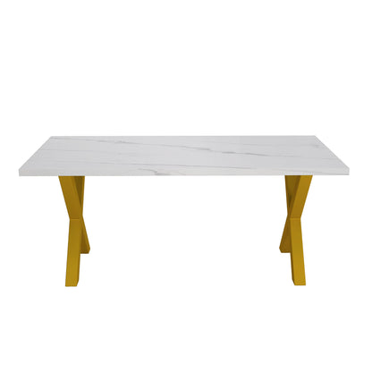70.87"Modern Square Dining Table with Printed White Marble Table Top+Gold X-Shape Table Leg - FurniFindUSA