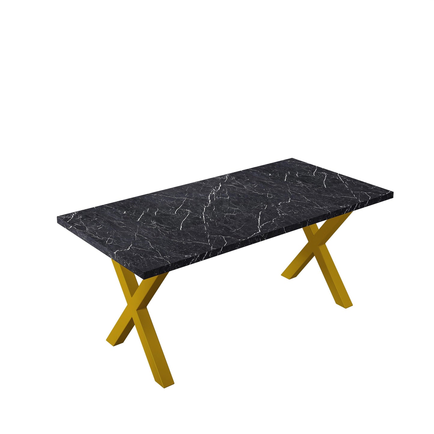 70.87"Modern Square Dining Table with Printed Black Marble Table Top+Gold X-Shape Table Leg - FurniFindUSA