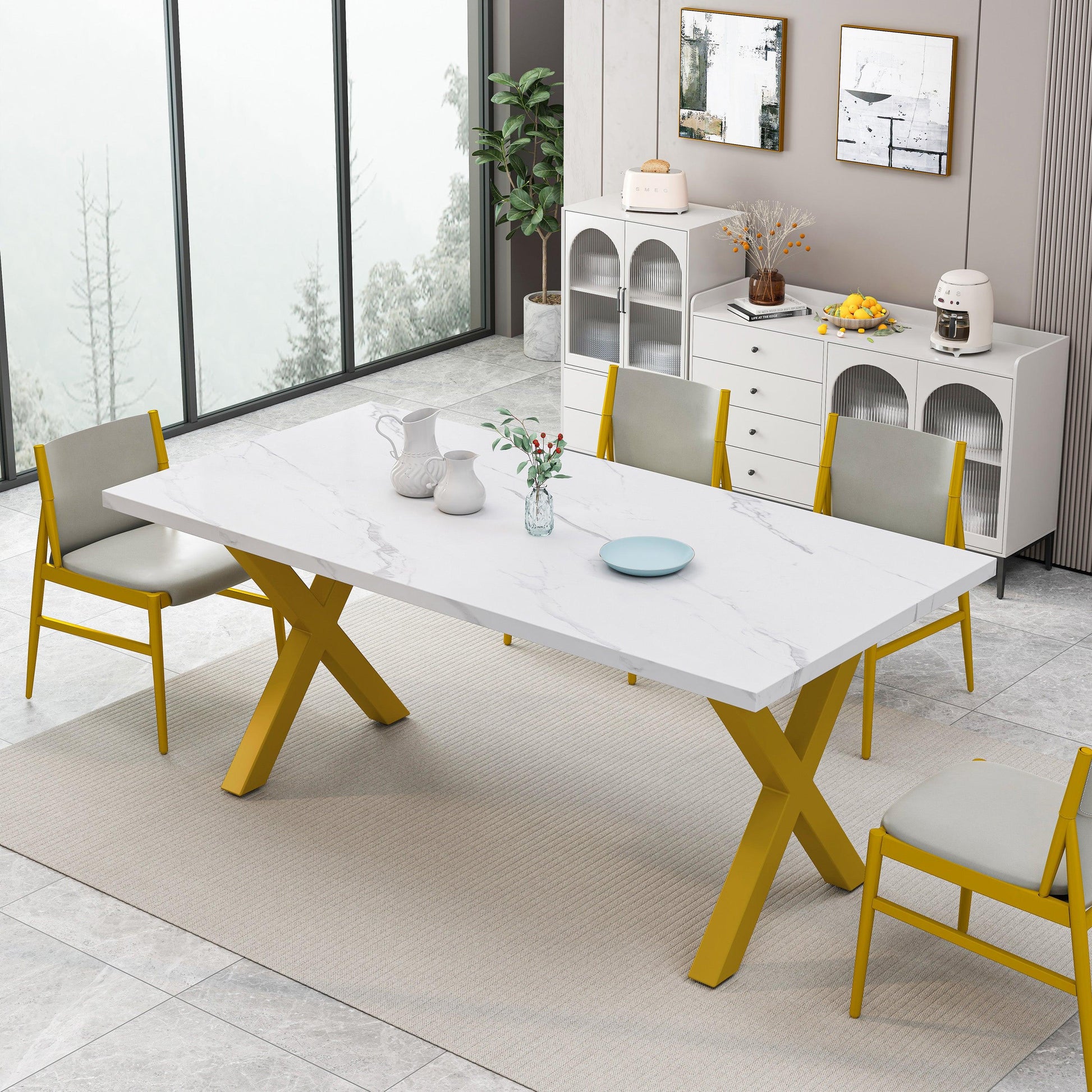 70.87"Modern Square Dining Table with Printed White Marble Table Top+Gold X-Shape Table Leg - FurniFindUSA