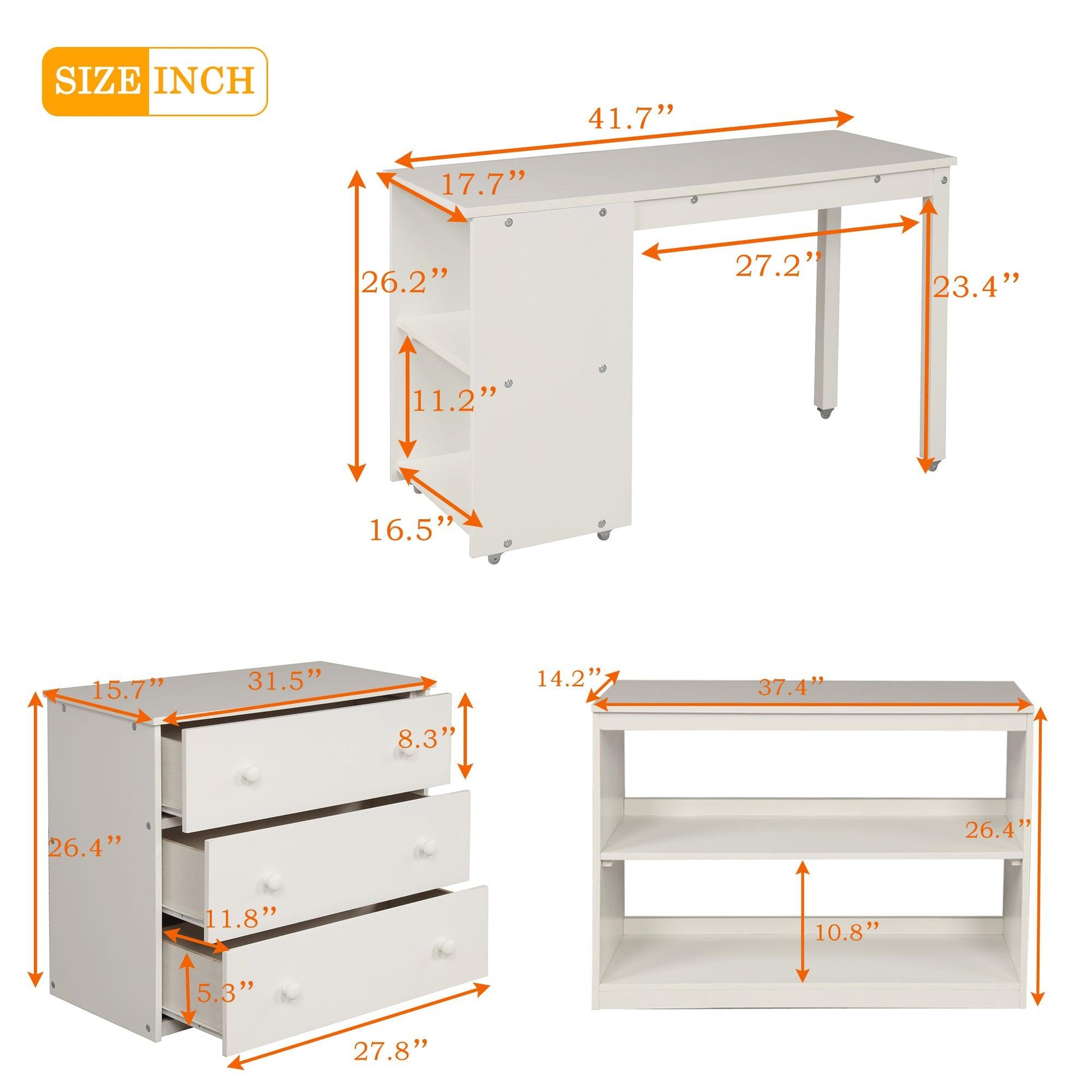 Low Study Twin Loft Bed with Cabinet and Rolling Portable Desk - White - FurniFindUSA