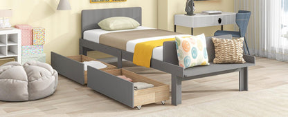 Twin Bed with Footboard Bench 2 drawers Grey - FurniFindUSA