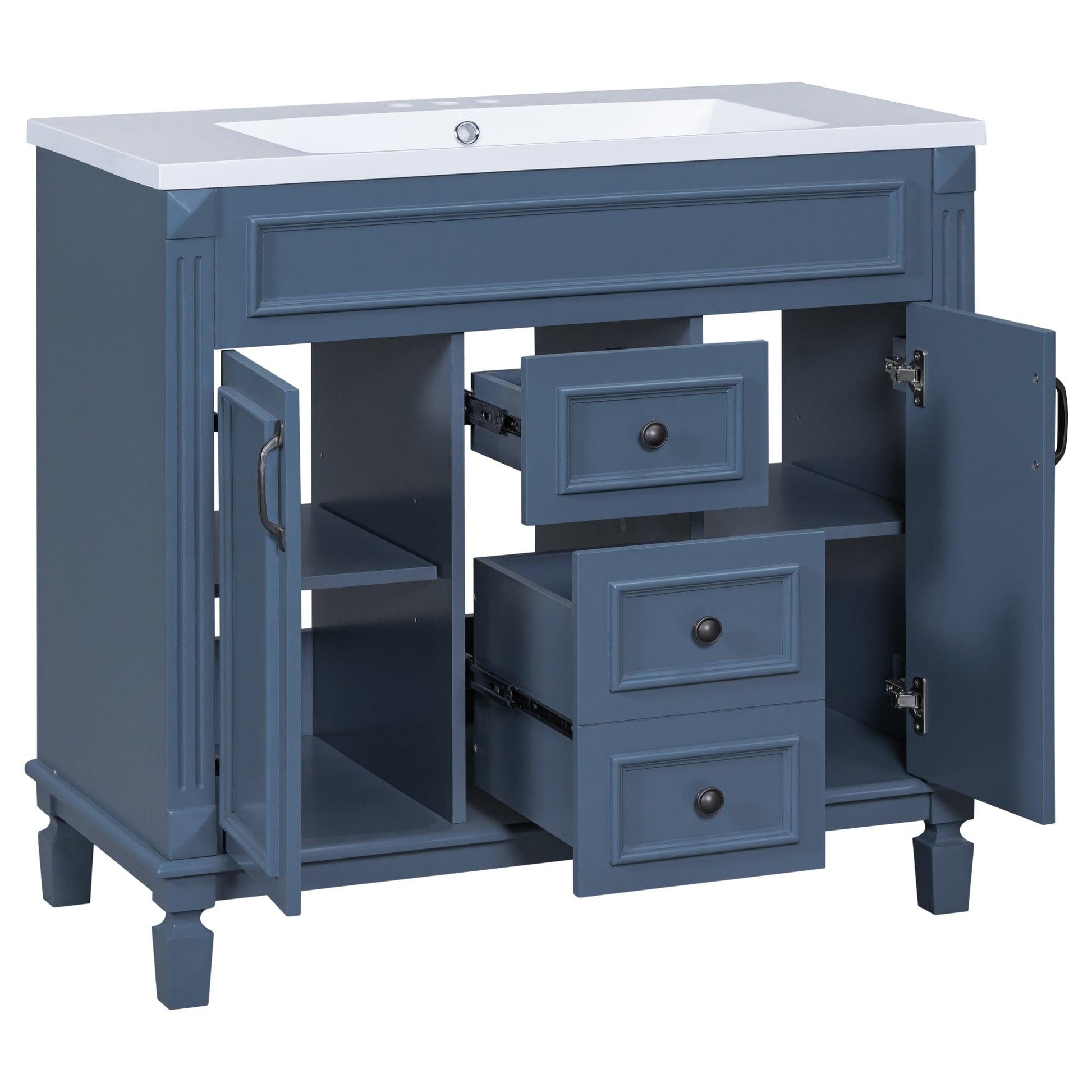 36 inch blue bathroom vanity with top sink, 2 soft doors and 2 drawers, single sink bathroom vanity - FurniFindUSA