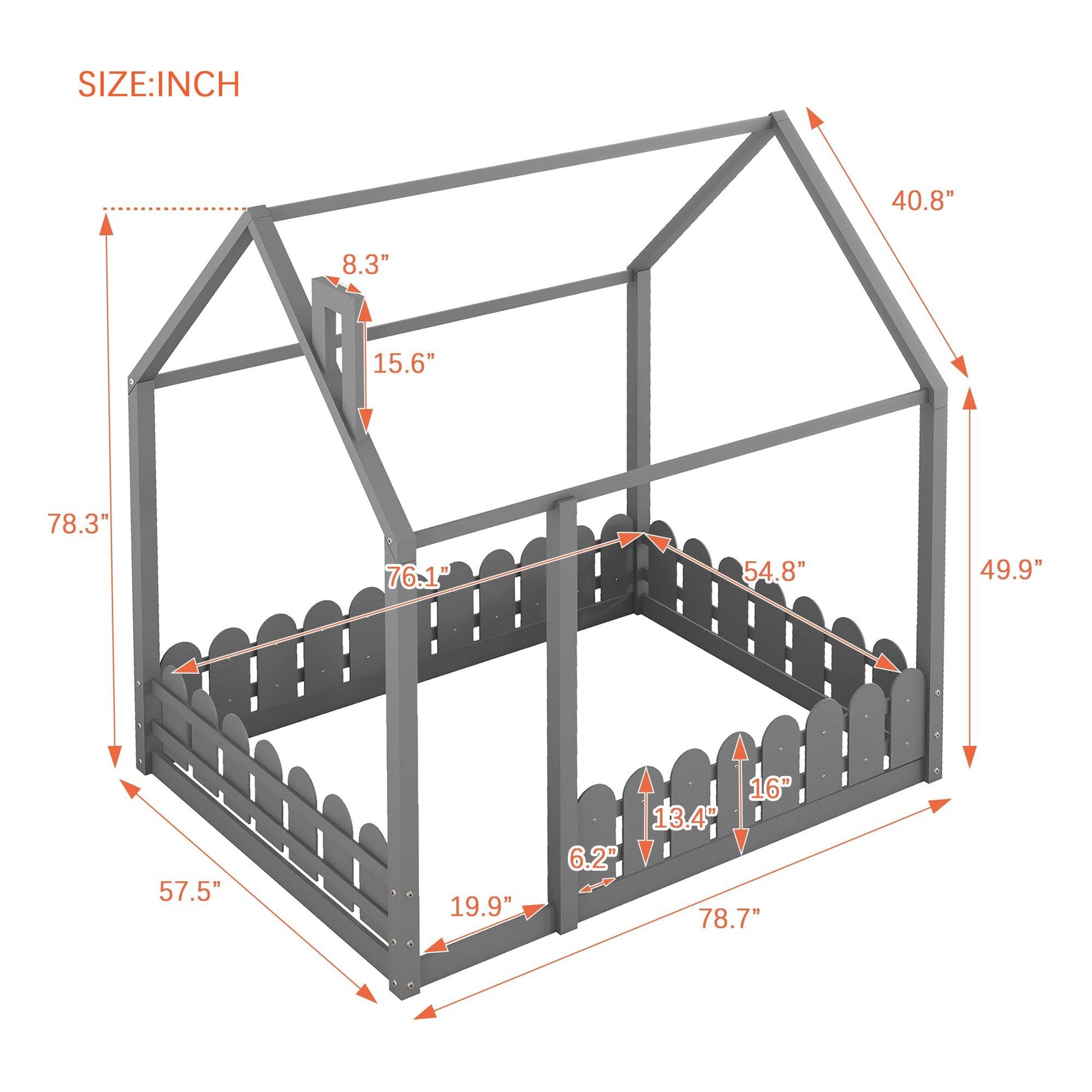 (Slats are not included)Full Size Wood Bed House Bed Frame with Fence for Kids Teens Girls Boys (Gray ) - FurniFindUSA
