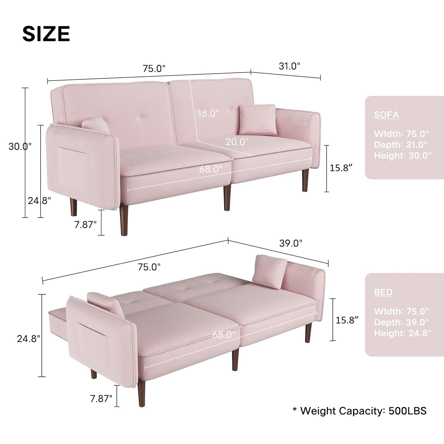 Convertible Sofa Bed with Wood Legs in Velvet(Pink) - FurniFindUSA