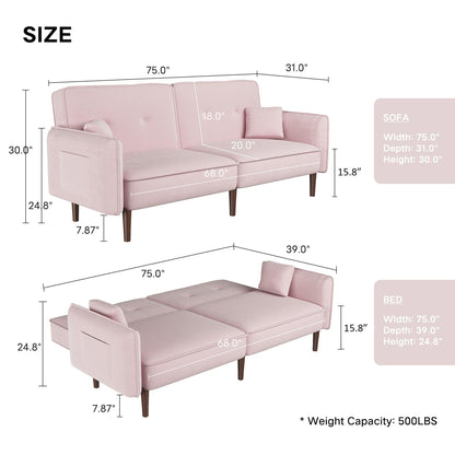 Convertible Sofa Bed with Wood Legs in Velvet(Pink) - FurniFindUSA