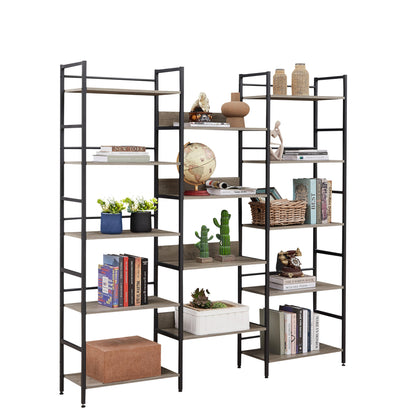 Triple Wide 5-shelf Bookshelves Industrial Retro Wooden Style Home and Office Large Open Bookshelves Grey - FurniFindUSA