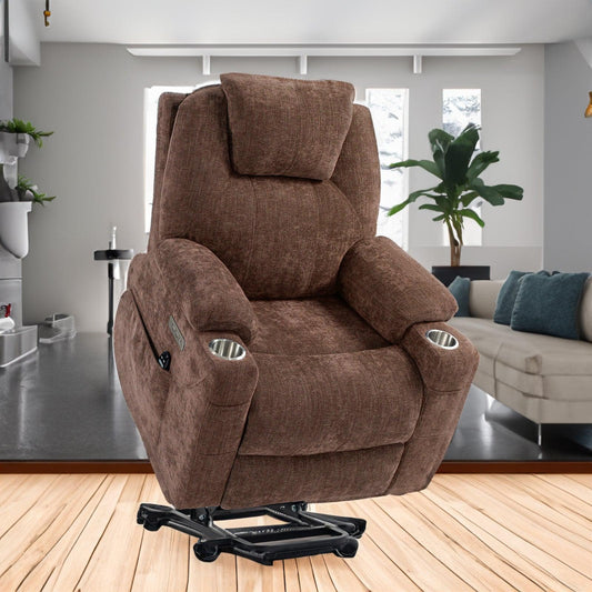 Okin motor Up to 350 LBS Chenille Power Lift Recliner Chair Brown - FurniFindUSA