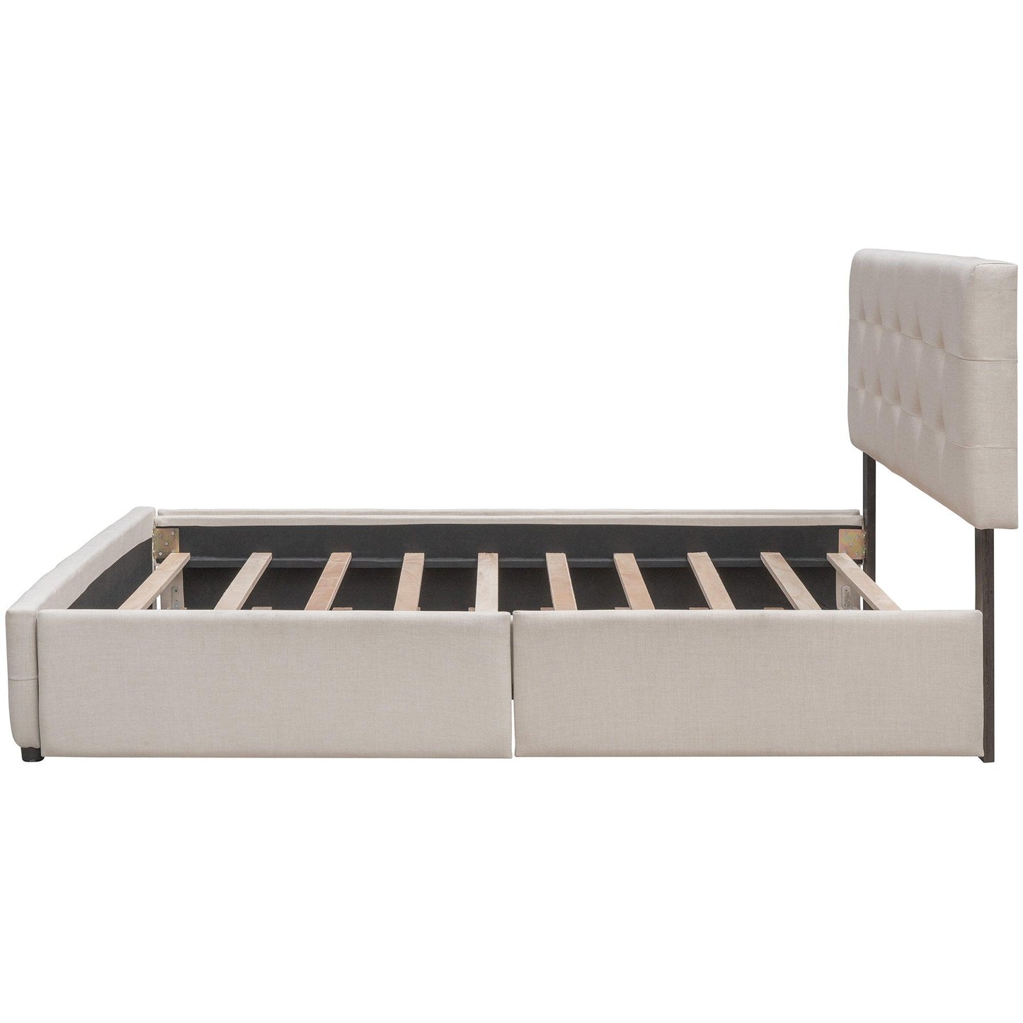 Upholstered Platform Bed with 2 Drawers and 1 Twin XL Trundle Linen Fabric Queen Size - Dark Beige - FurniFindUSA