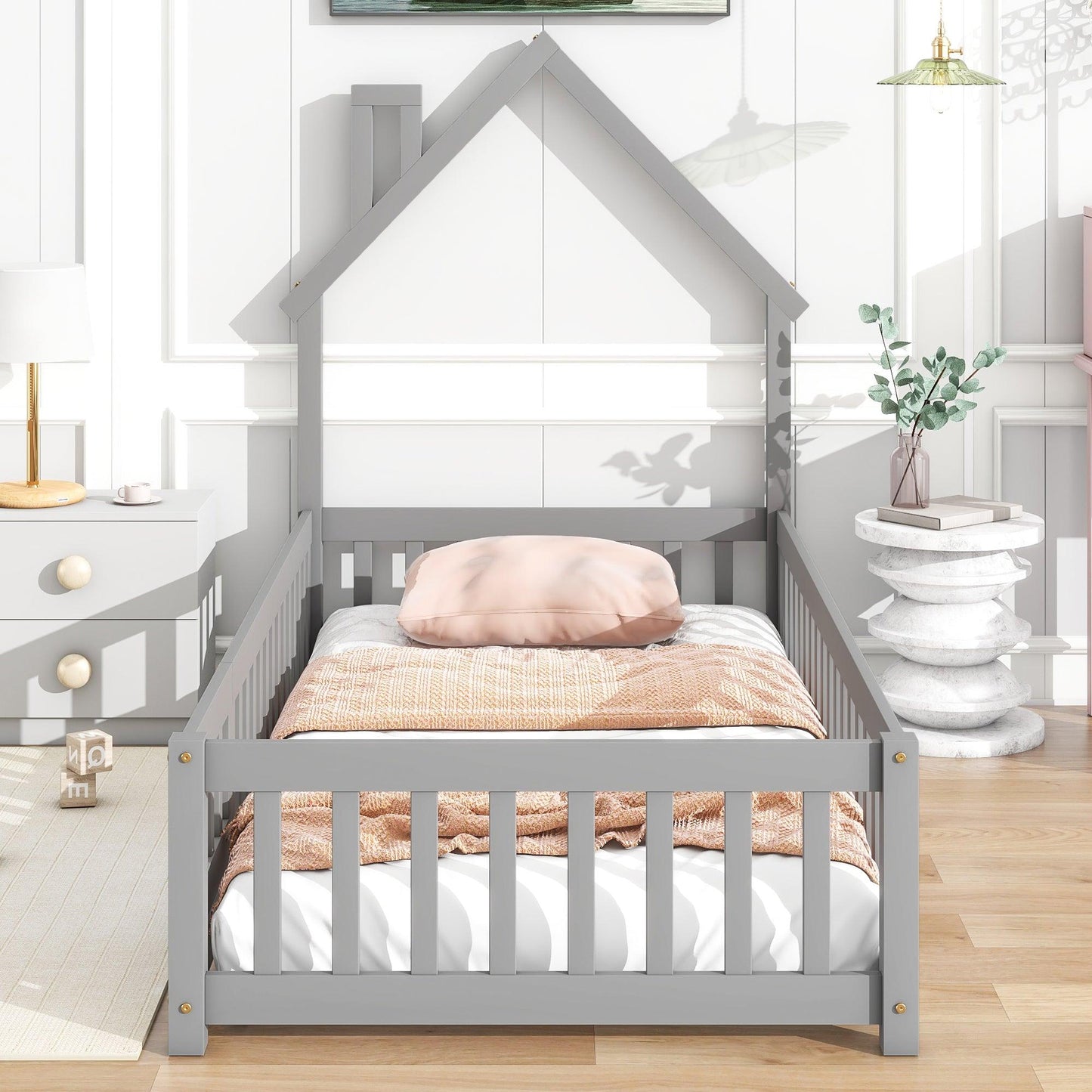 Twin House-Shaped Headboard Floor Bed with Fence Grey - FurniFindUSA