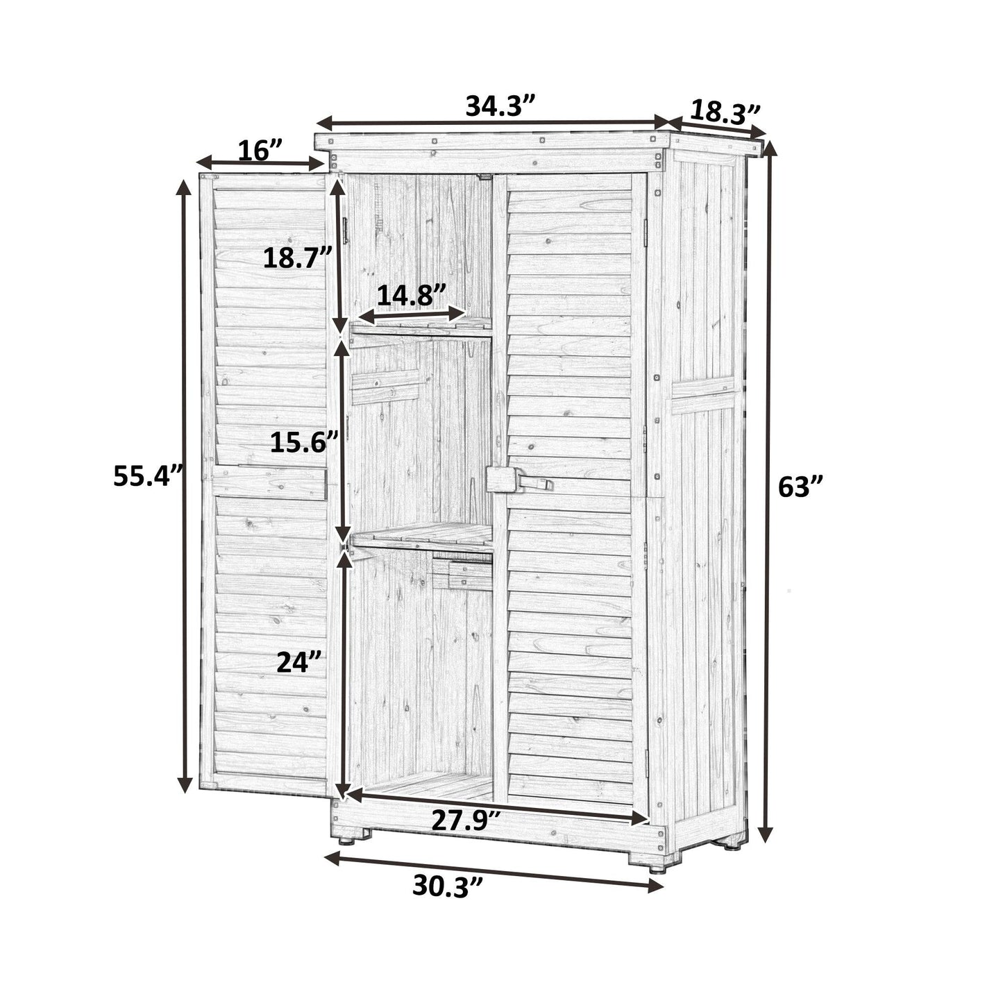 Wooden Garden Shed 3-tier Patio Storage Cabinet Outdoor Organizer Wooden Lockers with Wood (Natural Wood Color -Shutter Design) - FurniFindUSA