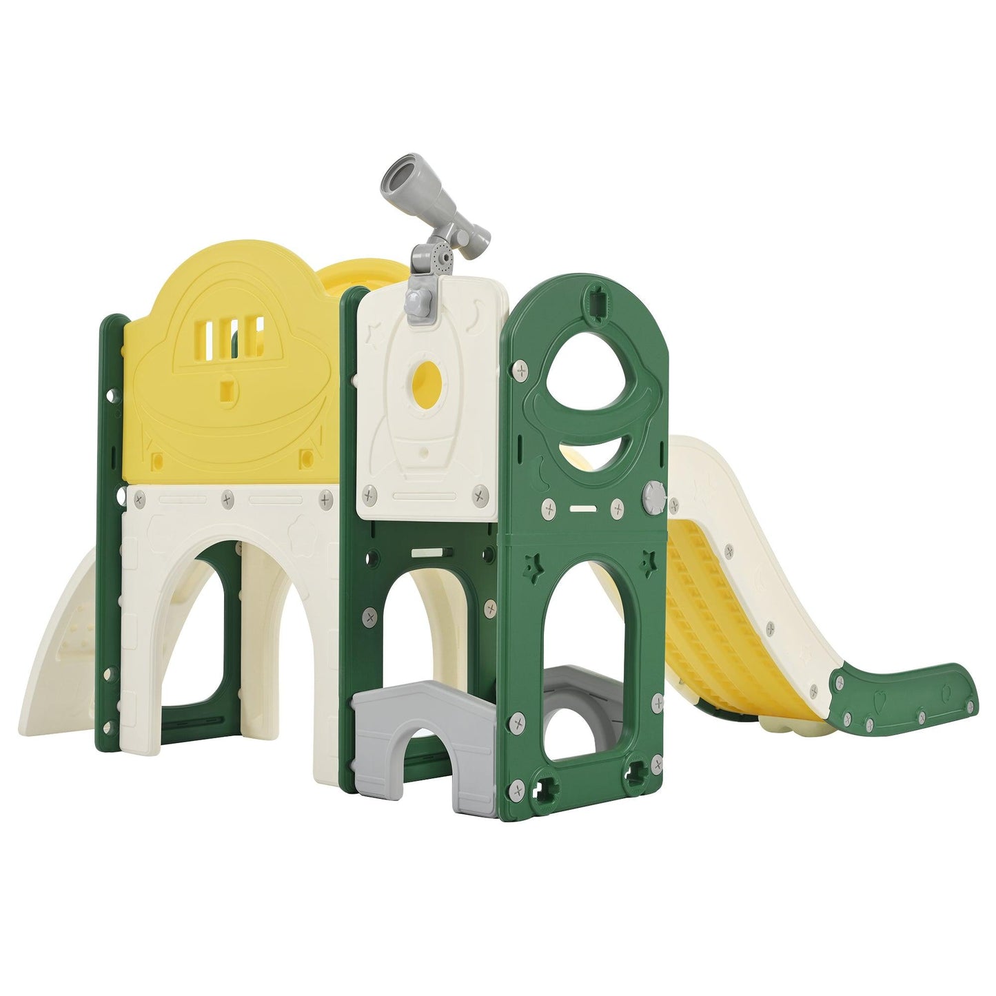 Kids Slide Playset Structure 7 in 1, Freestanding Spaceship Set with Slide, Arch Tunnel Yellow + HDPE - FurniFindUSA