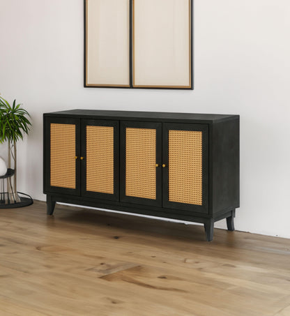 Handcrafted Premium Grain Panels Rattan Sideboard Buffer Cabinet Accent Storage Cabinet With 4 Rattan Doors BLACK - FurniFindUSA