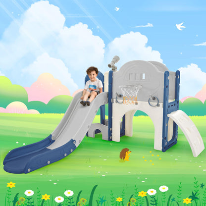 Kids Slide Playset Structure 7 in 1, Freestanding Spaceship Set with Slide, Arch Tunnel Blue+Grey + HDPE - FurniFindUSA