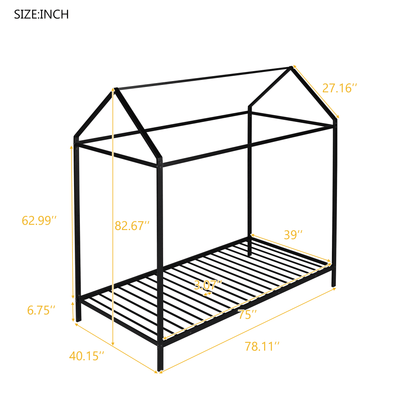 House Bed Frame Twin Size Kids Bed Frame Metal Platform Bed Floor Bed for Kids Boys Girls No Box Spring Needed Black - FurniFindUSA