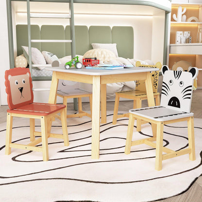 5 Piece Kiddy Table and Chair Set Kids Wood Table with 4 Chairs Set Cartoon Animals (bigger table) (3-8 years old) - FurniFindUSA