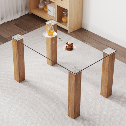 Modern minimalist rectangular dining table Glass desktop and wooden MDF table legs - FurniFindUSA