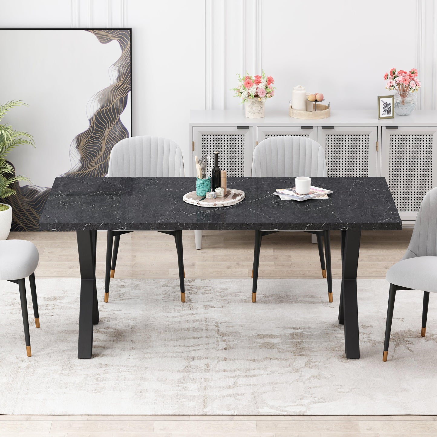 70.87"Modern Square Dining Table with Printed Black Marble Table Top+Black X-Shape Table Leg - FurniFindUSA