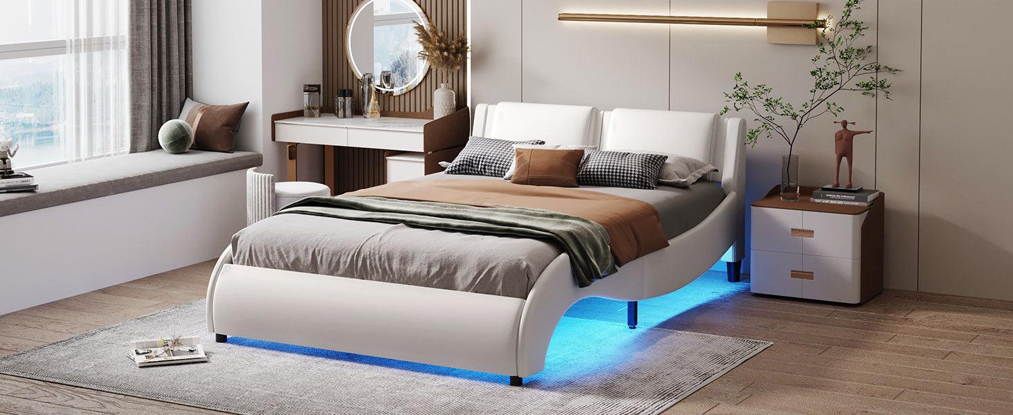 Full Size Upholstered Faux Leather Platform Bed with LED Light Bed Frame with Slatted - White - FurniFindUSA