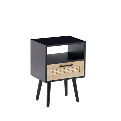 15.75" Rattan End table with drawer and solid wood legs Modern nightstand side table for living room black - FurniFindUSA