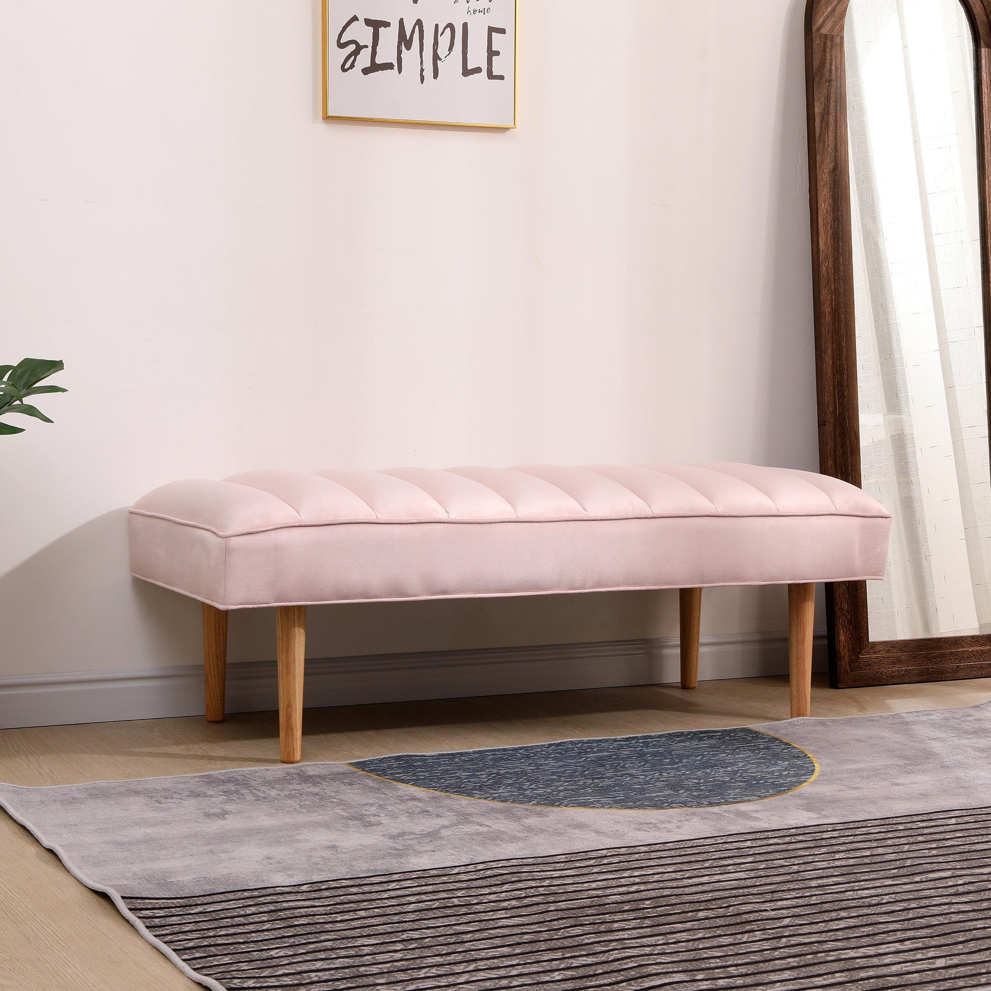 Pink Velvet Upholstered Bench Channel Tufted Bedroom Ottoman with Wood Legs Home Furniture (Pink) - FurniFindUSA