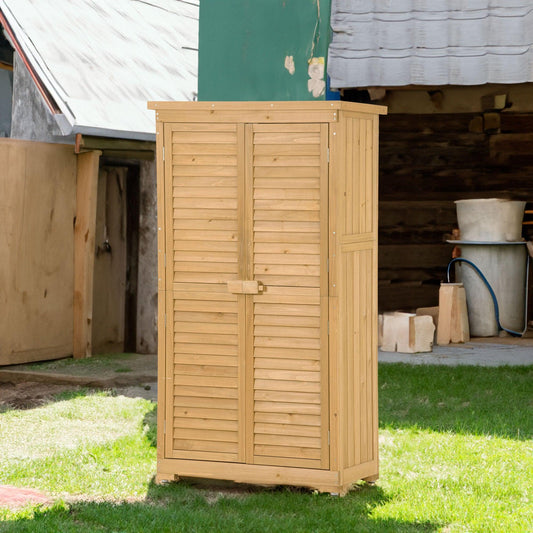 Wooden Garden Shed 3-tier Patio Storage Cabinet Outdoor Organizer Wooden Lockers with Wood (Natural Wood Color -Shutter Design) - FurniFindUSA