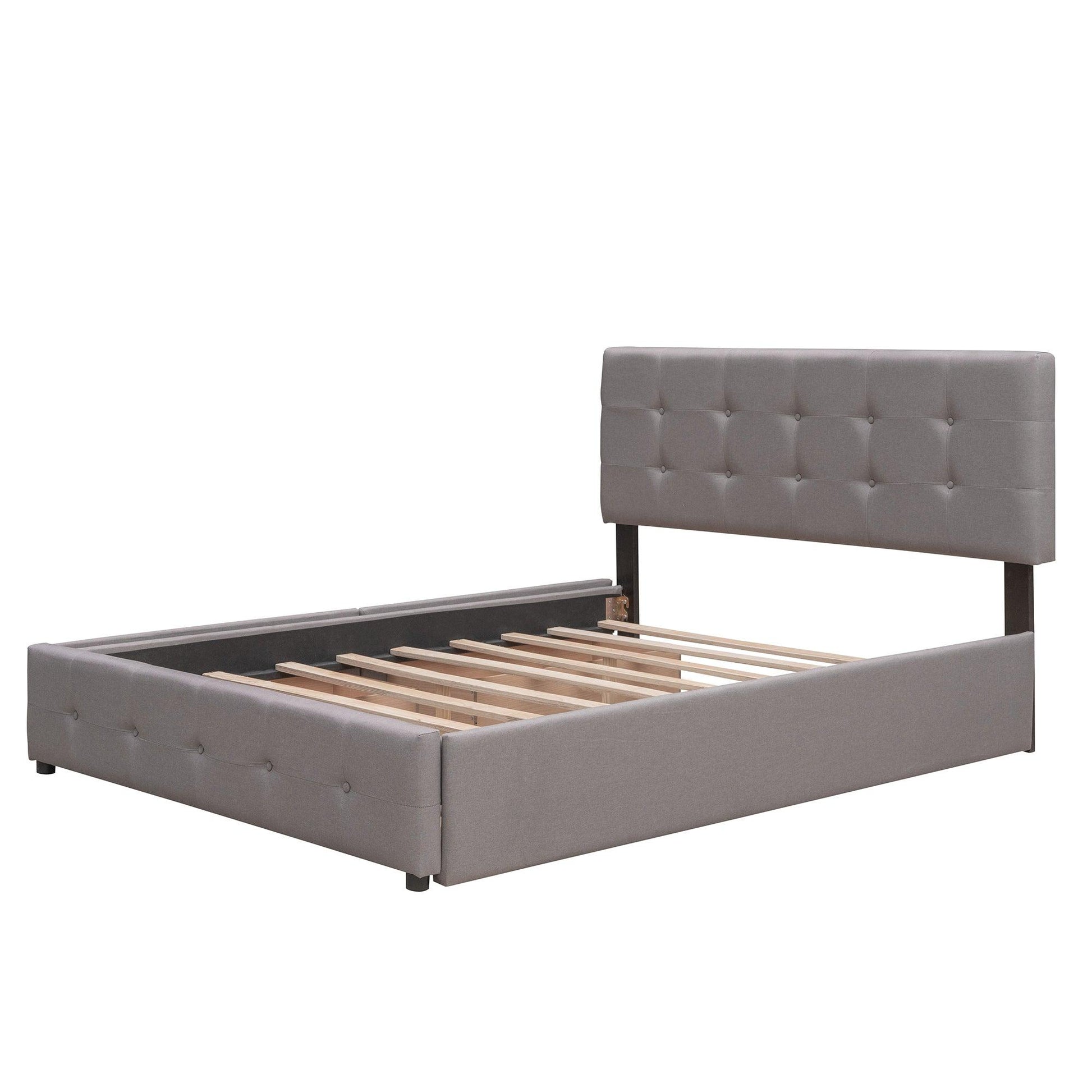 Upholstered Platform Bed with 2 Drawers and 1 Twin XL Trundle Linen Fabric Queen Size - Light Gray - FurniFindUSA