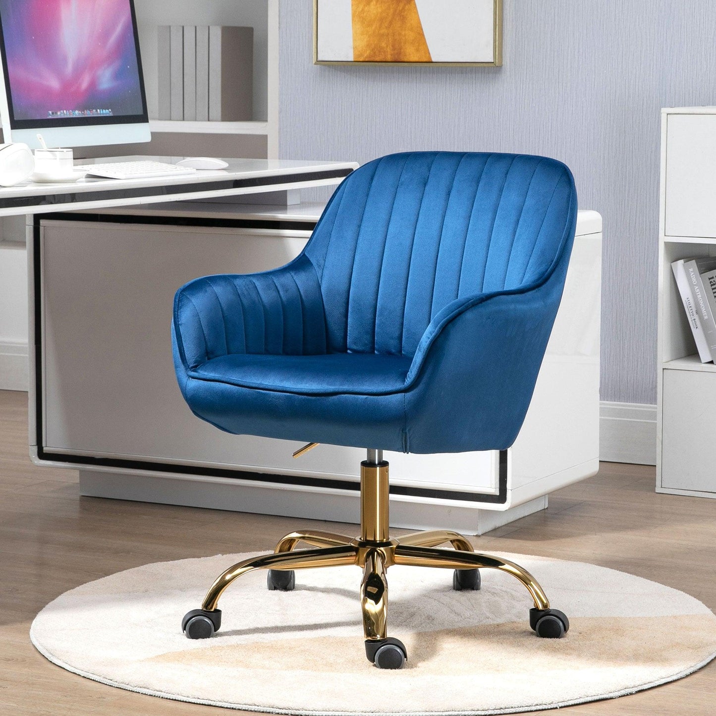 360° Dark Blue Velvet Swivel Chair With High Back Adjustable Working Chair With Golden Color Base - FurniFindUSA