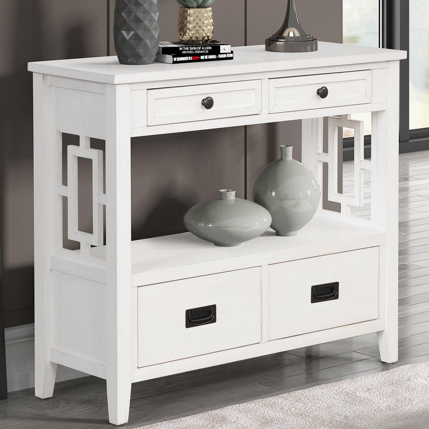 36'' Farmhouse Pine Wood Console Table Entry Sofa Table with 4 Drawers & 1 Storage Shelf (Antique White) - FurniFindUSA