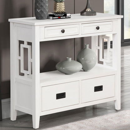 36'' Farmhouse Pine Wood Console Table Entry Sofa Table with 4 Drawers & 1 Storage Shelf (Antique White) - FurniFindUSA