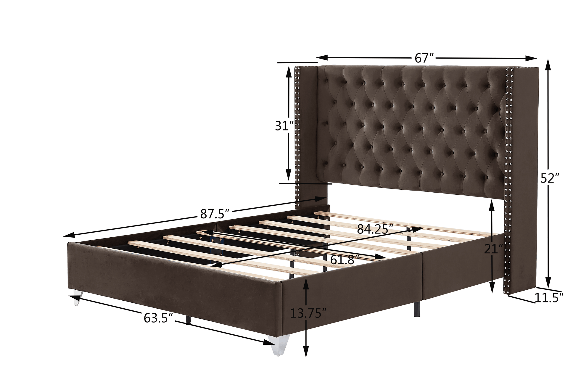 B100S Queen bed with one nightstand Button designed Headboard strong wooden slats + metal legs with Electroplate - FurniFindUSA