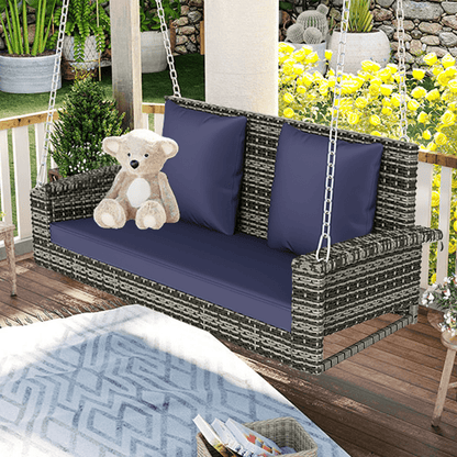 GO 2-Person Wicker Hanging Porch Swing with Chains(Gray Wicker Blue Cushion) - FurniFindUSA