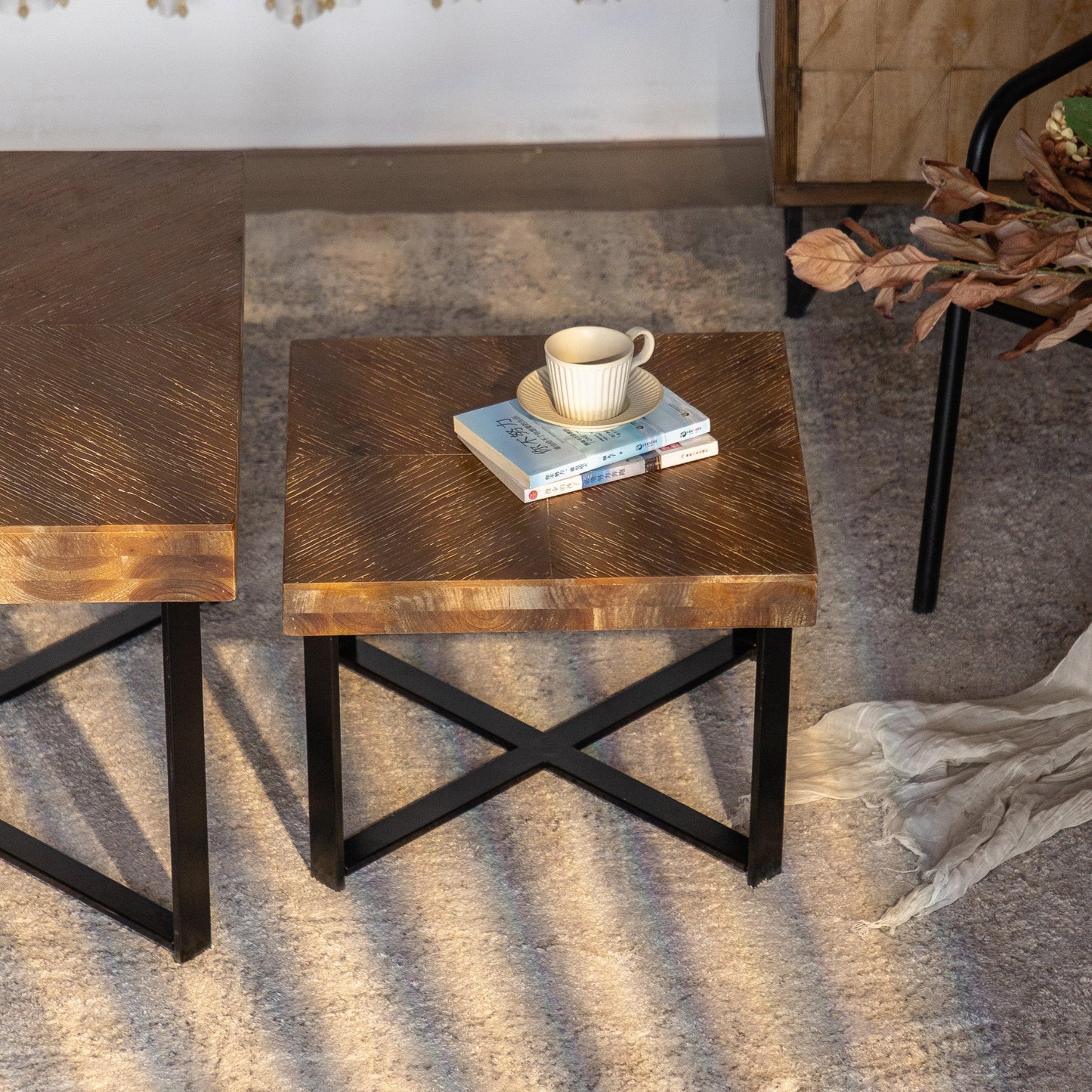 31.3"Modern Retro Splicing Square Coffee Table Fir Wood Table Top with Cross Legs Metal Base (Set of 2 pcs ) - FurniFindUSA