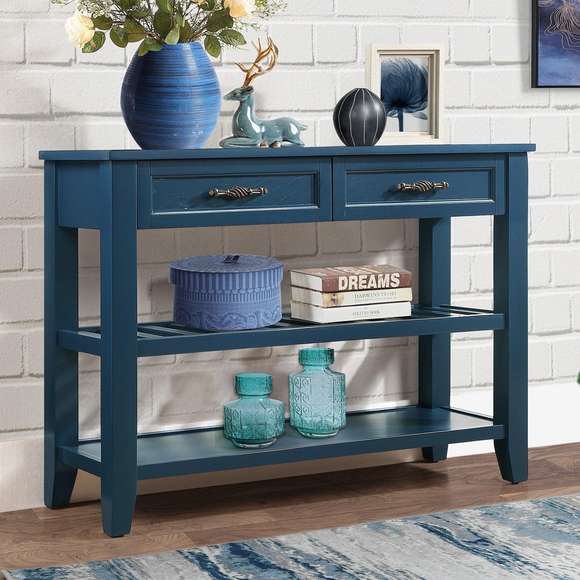 Console Sofa Table with 2 Storage Drawers and 2 Tiers Shelves Mid-Century Style 42'' Solid Wood Buffet Sideboard Navy Blue - FurniFindUSA