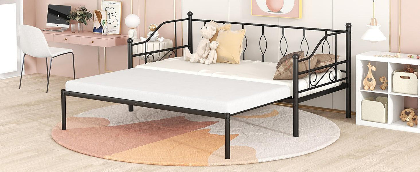 Twin Size Metal Daybed with Trundle Daybed with Slat Black - FurniFindUSA