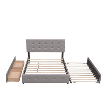 Upholstered Platform Bed with 2 Drawers and 1 Twin XL Trundle Linen Fabric Queen Size - Light Gray - FurniFindUSA