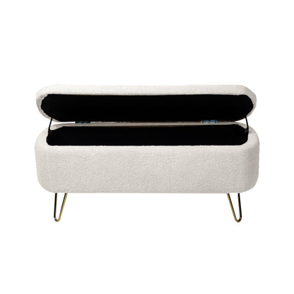 Ivory White Storage Ottoman Bench for End of Bed Gold Legs - FurniFindUSA