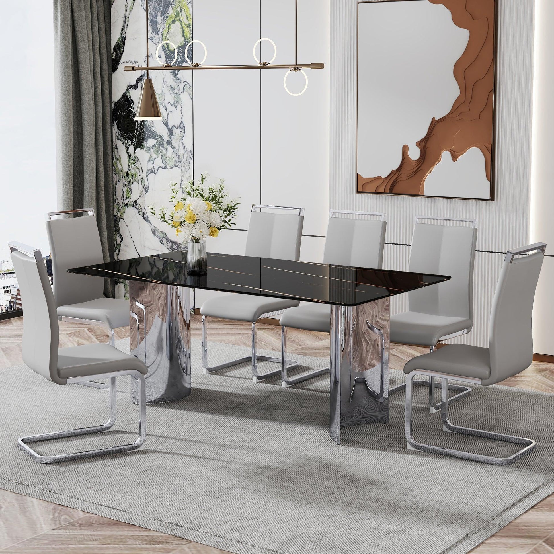 Modern minimalist dining table The black imitation marble glass desktop is equipped with silver metal legs - FurniFindUSA