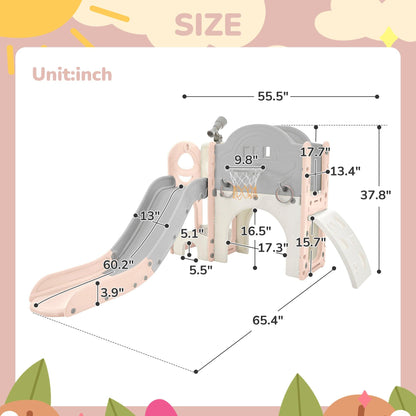 Kids Slide Playset Structure 7 in 1, Freestanding Spaceship Set with Slide, Arch Tunnel Pink+Grey + HDPE - FurniFindUSA