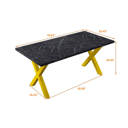 70.87"Modern Square Dining Table with Printed Black Marble Table Top+Gold X-Shape Table Leg - FurniFindUSA