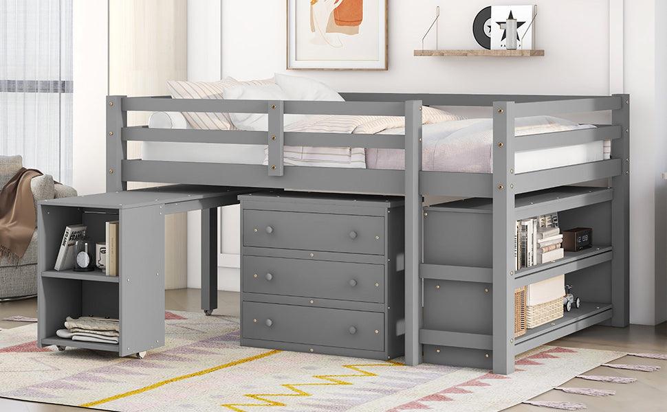 Low Study Full Loft Bed with Cabinet Shelves and Rolling Portable Desk Multiple Functions Bed- Gray - FurniFindUSA