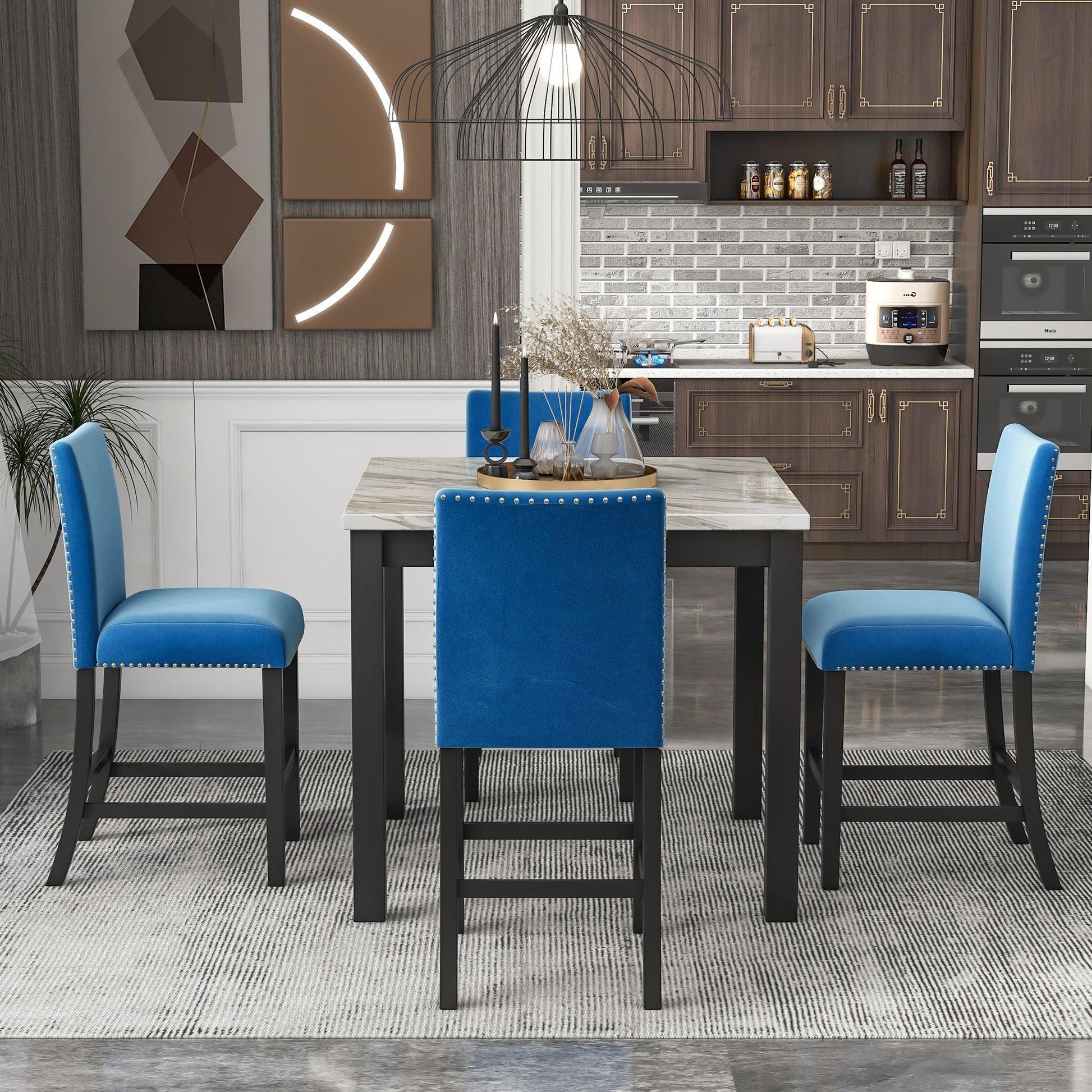 5-piece Counter Height Dining Table Set with One Faux Marble Dining Table and Four Upholstered-Seat Chairs Blue - FurniFindUSA