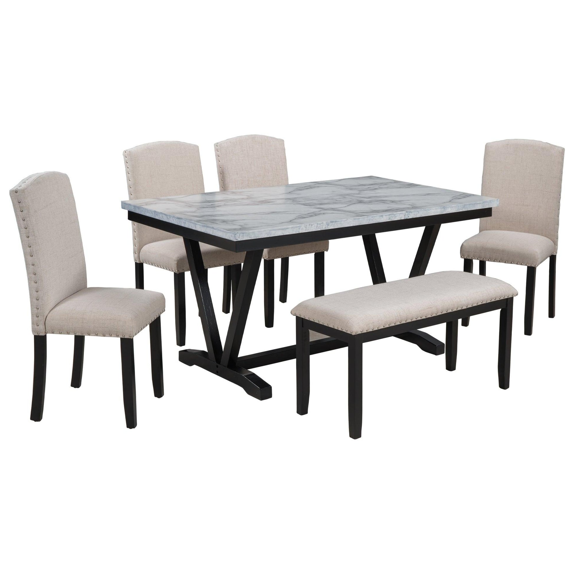 TREXM Modern Style 6-piece Dining Table with 4 Chairs & 1 Bench (White) - FurniFindUSA