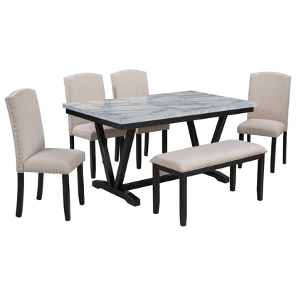 TREXM Modern Style 6-piece Dining Table with 4 Chairs & 1 Bench (White) - FurniFindUSA