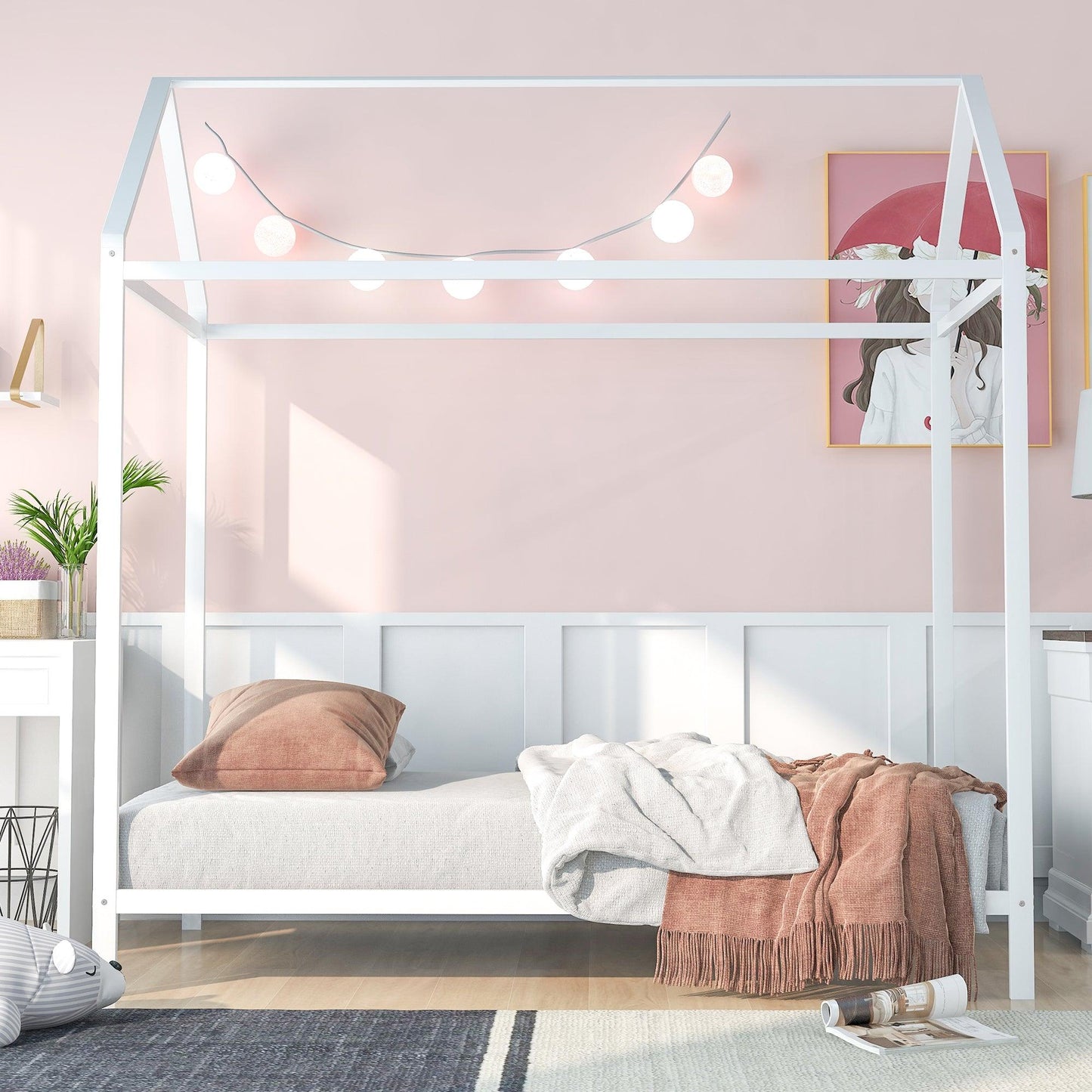 House Bed Frame Twin Size Kids Bed Frame Metal Platform Bed Floor Bed for Kids Boys Girls No Box Spring Needed White - FurniFindUSA