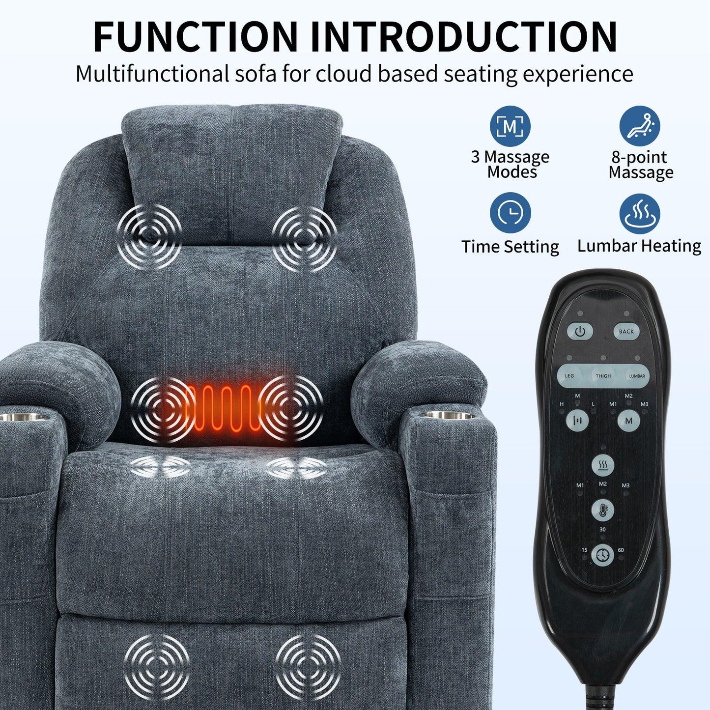 Okin motor Up to 350 LBS Chenille Power Lift Recliner Chair Blue - FurniFindUSA