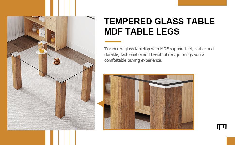 Modern minimalist rectangular dining table Glass desktop and wooden MDF table legs - FurniFindUSA