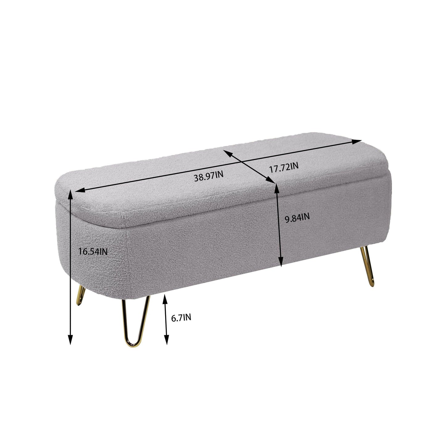 Grey Storage Ottoman Bench for End of Bed Gold Legs Modern Grey Faux Fur Entryway Bench - FurniFindUSA